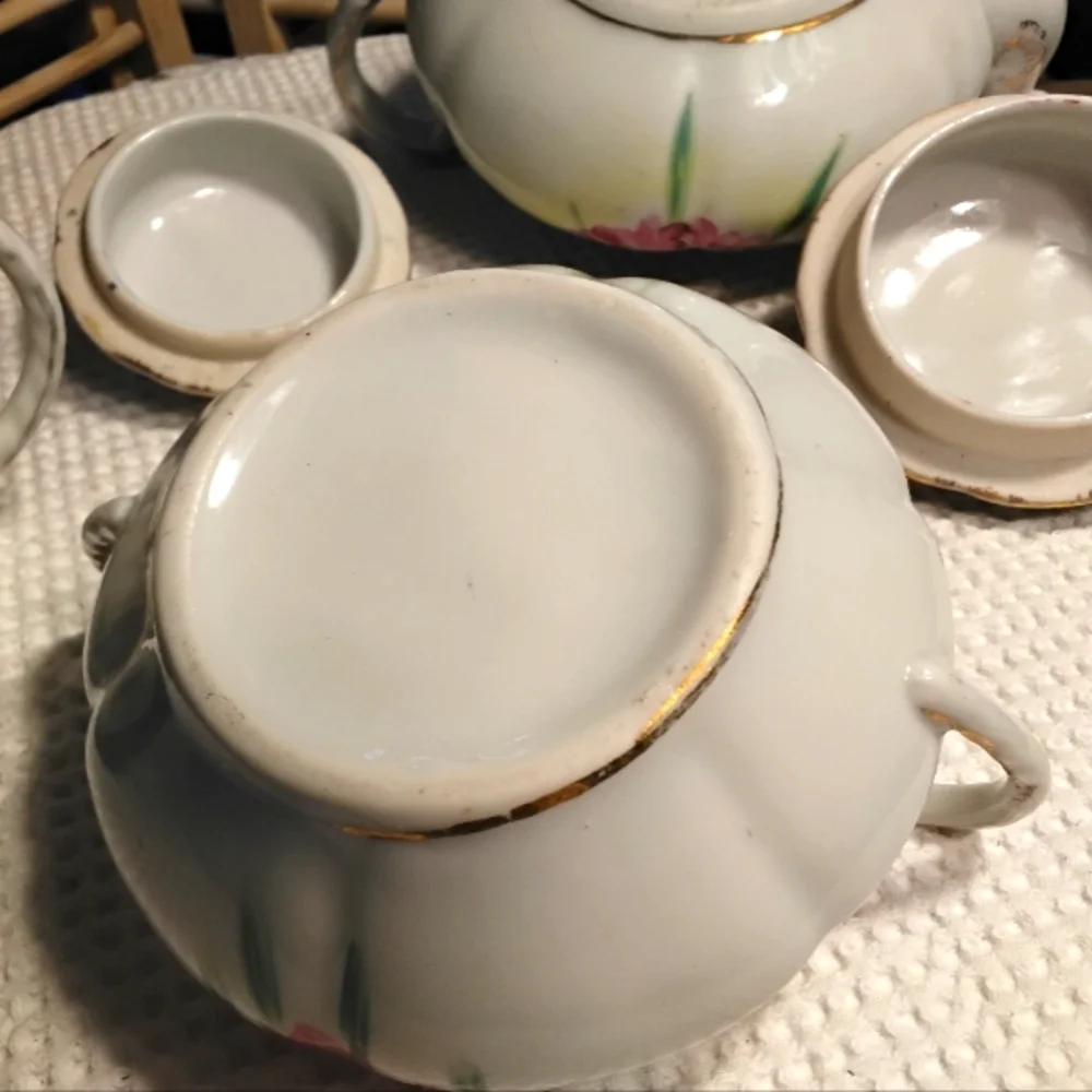 Antique Teapot/Cream & Sugar Dish Unmarked Early Twentieth Century Floral